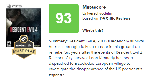 Nota de Metacritic de Resident Evil 4 Remake