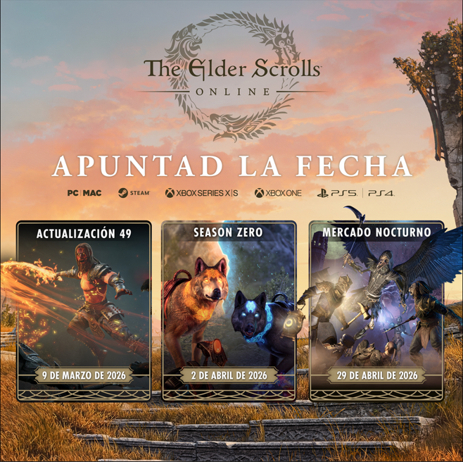 Imagen promocional de Elder Scrolls Online, en ella se ven las tres fechas importantes de lo que está por llegar en el juego, estas fechas siendo 9 de Marzo, 2 de Abril y 29 de Abril